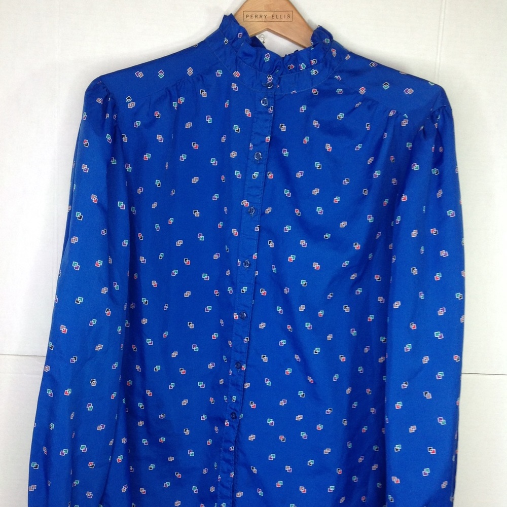 Vintage Blue Ruffle Blouse Ship 'n Shore High Neck